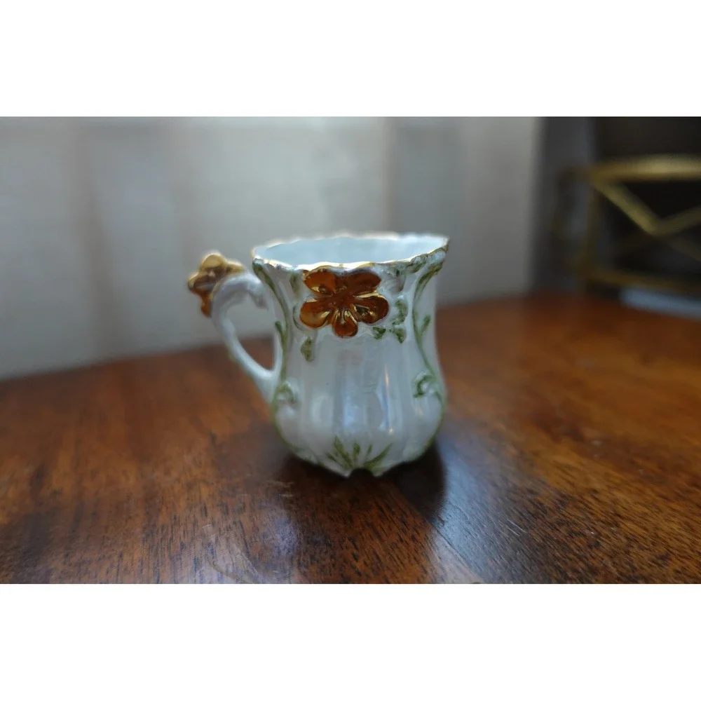 Vintage Miniature Porcelain Demitasse Cup White Gold Shamrock Clover Collectible